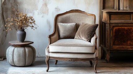 Antique wooden armchair with plush cushions in a vintage interior, featuring classical design elements and a timeless, charming aesthetic.