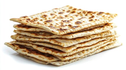 Fototapeta premium Stack of freshly baked matzah showcasing its crispy texture and unique design, set against a clean white background, perfect for Passover celebrations