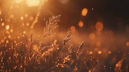 Fototapeta premium Refreshing dew drops glistening on spring grass under warm sunlight, enhanced by a soft-focused bokeh background creating a tranquil atmosphere.