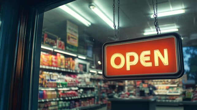 Illuminated 'OPEN' sign glows invitingly in the window of a convenience store at night, shelves stocked with colorful products visible inside.