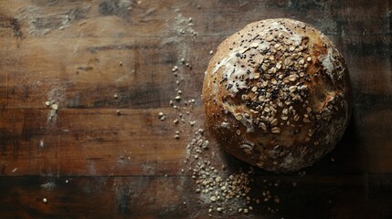 Artisan Whole Grain Bread Loaf Artfully Displayed on Rustic Wooden Surface with an Abundance of Seeds and Grains Topping