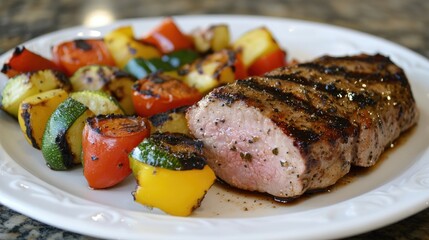 Grilled pork tenderloin served with vibrant vegetable skewers, showcasing a delicious and colorful dinner plate.