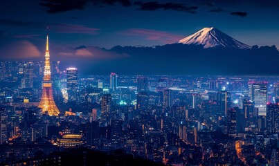 Tokyo skyline at night with view of Mount Fuji in the background, Generative AI