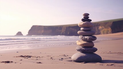Balanced stone stack on sandy beach with gentle ocean waves and a scenic coastline in the background under a clear sky.