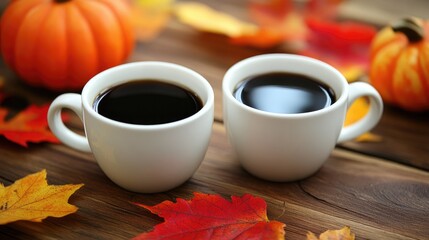 Cozy autumn scene featuring two white cups of black coffee surrounded by vibrant red, yellow, and orange leaves with small pumpkins on a rustic wooden surface.