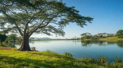 Fototapeta premium Baobab trees standing tall beside a serene lake, reflecting the vibrant greenery and clear blue sky of a stunning tropical landscape.