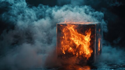 Flame contained within a transparent glass cube, enveloped by swirling smoke, creating a dramatic abstract and conceptual visual effect.