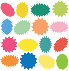 Badge star, sticker starburst shape, sale price tag, colorful sun, circle and oval label, round discount icon isolated on white background.