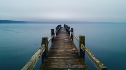Weathered wooden pier extending into serene calm waters under a moody cloudy sky, creating a tranquil coastal atmosphere.