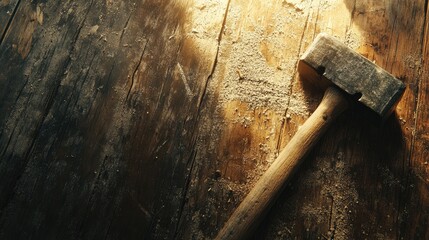Hammer Positioned on a Wooden Surface with Shavings and Blank Text Area on the Right Side, Top-Down View Highlighting Rustic Details