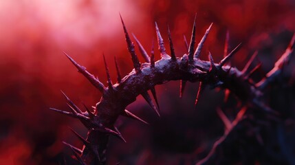 Crown of thorns prominently displayed with sharp spikes, set against a vibrant, blurred red and purple background, creating a striking contrast.