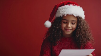 Young girl with curly hair wearing a Santa hat happily writing a Christmas wish list on a red background, capturing festive joy and holiday spirit.