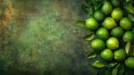 Fresh organic limes arranged on a textured green background with leaves, showcasing vibrant colors and natural imperfections.