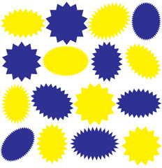 Badge star, sticker starburst shape, sale price tag, colorful sun, circle and oval label, round discount icon isolated on white background.