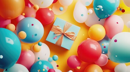 Colorful balloons of various sizes surround a beautifully wrapped gift box with a ribbon, creating a festive flat lay for birthday celebrations.