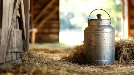 A rustic metal milk can positioned on straw in a sunlit barn, capturing the essence of traditional dairy farming and rural life.