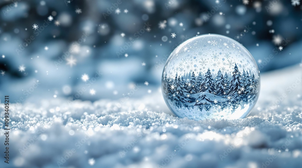 Poster Snow globe with winter forest and snowflakes. 3D rendering