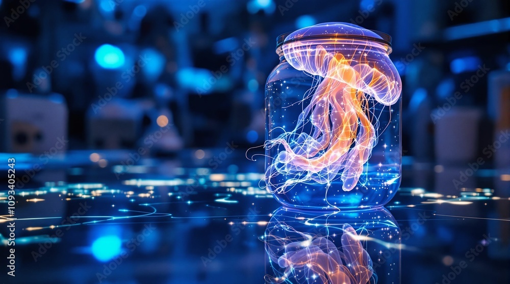 Poster 3d rendering of jellyfish in a glass jar with neon lights