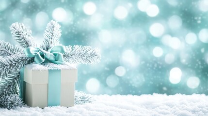 Festive holiday scene showcasing a gift box adorned with a teal ribbon beside a snowy fir branch against a shimmering turquoise bokeh background.