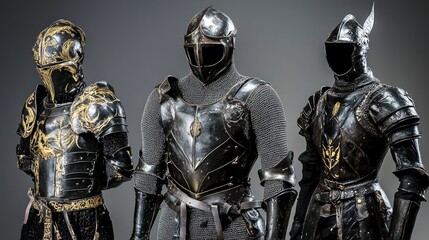 Intricate wrought iron medieval armor featuring ornate designs, chainmail accents, and polished black surfaces on three imposing armored figures.