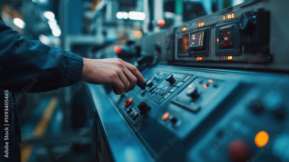 Poster a hand adjusting controls on an industrial machine in a factory setting.