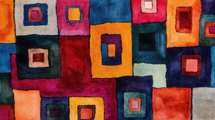 Vibrant area rug with a colorful mosaic of squares and rectangles in rich hues of red, blue, orange, green, and purple for a lively decor accent.