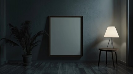 3D rendering of an empty picture frame in a modern, minimalist studio with soft low-key lighting and a stylish lamp beside a potted plant