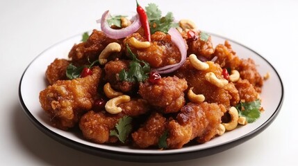 Fototapeta premium Crispy fried chicken garnished with cashew nuts, red onions, and fresh herbs, beautifully arranged on a white plate with a minimalist backdrop.