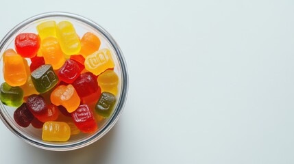 A close-up of colorful gummy vitamins in a clear container, placed on a white backdrop.