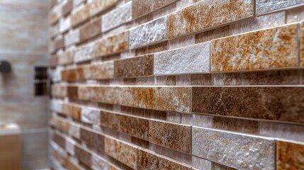 Expertly arranged ceramic wall tiles showcasing a range of earthy tones, highlighting skilled craftsmanship and precise tile leveling techniques.