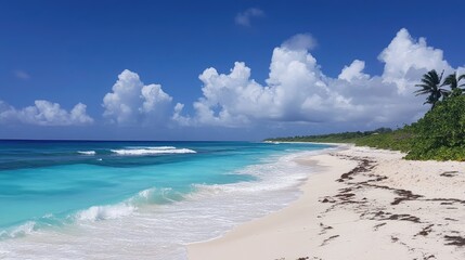 Obraz premium Idyllic sandy beach featuring soft white sand, tranquil turquoise waters, and gentle waves under a bright sunny sky with fluffy white clouds.