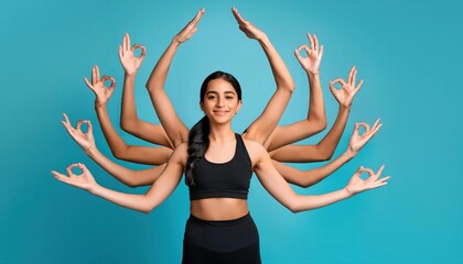 Creative Collage Dreamy Happy Girl Practicing Yoga with Multiple Hands and Blank Cutouts
