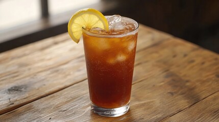 Refreshing iced tea served in a tall glass on a rustic wooden table, enhanced with a bright slice of lemon and ice cubes for a cool summer treat.