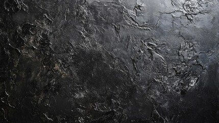 Fototapeta premium Textured black chalkboard surface with a deep, matte finish, complemented by a rough black wall background, creating a dramatic visual contrast.