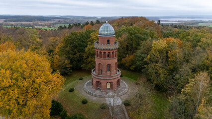 Drone aerial view of Ernst Moritz Arndt Tower in Rügen