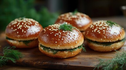 Appetizing gourmet burgers on a rustic wooden board, topped with sesame seeds and fresh dill, perfect for high-quality food photography.