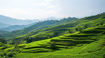 Fototapeta premium Lush terraced vegetable fields with rich green hues under a serene blue sky, showcasing the beauty of nature and agricultural prosperity in a mountainous landscape.