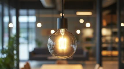 Illuminated vintage bulb hanging in a modern meeting space with professionals collaborating in the background and soft ambient lighting.