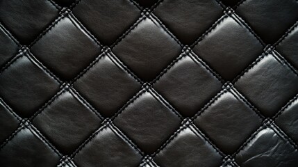 Close-up of a luxurious black quilted leather texture with intricate stitching patterns.