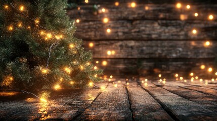 Festive border design showcasing a decorated fir tree and twinkling lights against a weathered wooden backdrop for holiday-themed decor.
