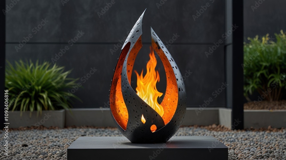 Poster here's a possible and keyword list for your stock photo.. modern abstract metal fire sculpture with 