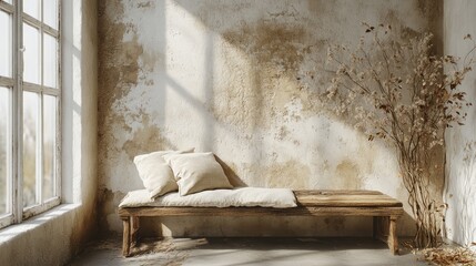 Weathered wooden bench with cushions beside a textured wall, featuring dried twigs in a Bohemian-style contemporary living space with a bright window.