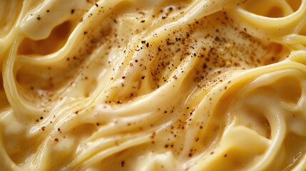 Close-up macro shot of creamy Italian pasta showcasing spaghetti or linguine, elegantly topped with ground black pepper for a delicious culinary experience