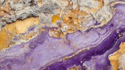 Fototapeta premium Vibrant close-up of charoite mineral showcasing striking purple hues and intricate veining against a textured, natural stone backdrop.