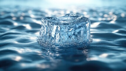 A large, translucent ice cube floating on shimmering blue water, symbolizing fluidity and adaptability in business concepts.