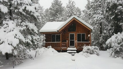 Snow Covered Cabin Nestled Among Winter Trees