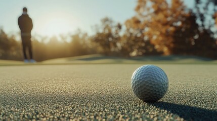 Close-up of a golf ball on the green with a golfer preparing to putt in the background, capturing the essence of focus and skill on a sunny day
