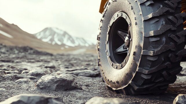 Close-up of an all-terrain vehicle tire gripping rugged rocky surface with dramatic mountain backdrop showcasing durability and traction.