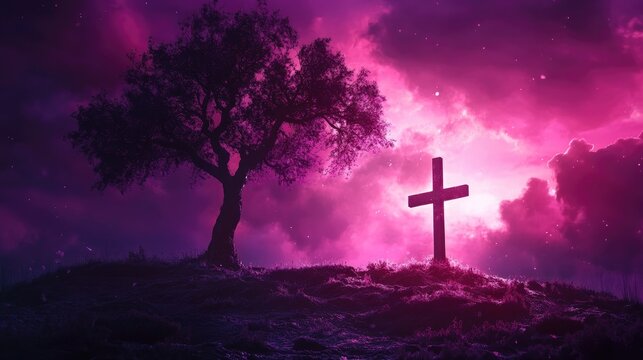 Solitary tree and cross silhouette casting an ash cross shadow on the ground beneath a surreal purple sky, symbolizing Ash Wednesday's themes.
