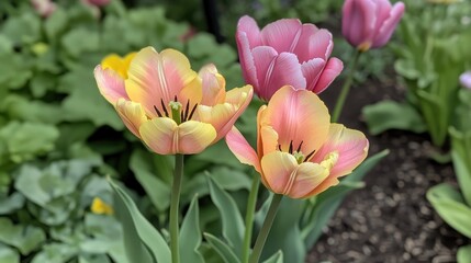 Vibrant pink, yellow, and violet tulip blooms surrounded by lush green leaves in a picturesque garden setting.